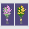 Set of bouquets with yellow and pink tulips on purple background in popart style. Hand made linocut.