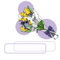 Set of  bouquets with yellow tulips and violet iris, lilac circles and frames . Hand drawn ink and colored  sketch Royalty Free Stock Photo