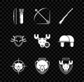 Set Bow and arrow in quiver, Hunting gun, on bear with crosshairs, Bear head shield, Moose, Deer antlers and moose icon Royalty Free Stock Photo