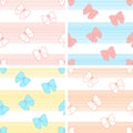 Set of bow patterns. Bright 4 patterns with bows. Pink, blue, yellow and peach striped with bow background.