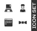 Set Bow tie, Laptop, Binary code and Nerd geek icon. Vector