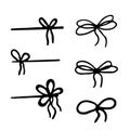 Set bow tie, present decoration, package silhouette in doodle style isolated on white. Collection knots