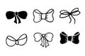 Set bow tie, present decoration, package silhouette in doodle style isolated on white. Collection knots