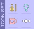 Set Bow tie, Violin, Coffee cup and heart and Female gender symbol icon. Vector