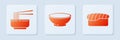 Set Bowl of hot soup, Asian noodles in bowl and chopsticks and Sushi. White square button. Vector