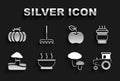 Set Bowl of hot soup, Coffee cup to go, Tractor, Mushroom, Apple, Pumpkin and Garden rake icon. Vector