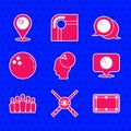 Set Bowling ball, Crossed billiard cues and, Billiard table, Location with bowling, pin, and icon. Vector Royalty Free Stock Photo