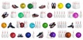 Set of bowling balls, pins and shoes on white background Royalty Free Stock Photo