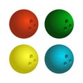 Set of bowling balls on white background. A sporting type of pins in which heavy balls are thrown along a special track