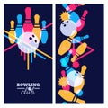 Set of bowling banner, poster, flyer or label design elements. Vertical seamless colorful black background. Royalty Free Stock Photo