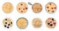 Set with bowls of breakfast cereals on white background Royalty Free Stock Photo