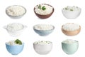 Set of bowls with cooked rice isolated on white