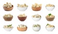 Set of bowls with delicious cooked dumplings on white