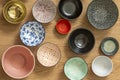 set of bowls of different colors seen