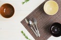 Set of bowls with fork, spoon and knife. Written breakfatst, lunch, dinner Royalty Free Stock Photo