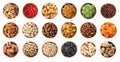 Set of bowls with healthy dried fruits and tasty nuts on white background