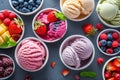 Set of bowls with various colorful Ice Cream scoops with different flavors and fresh ingredients on black background, top view. Royalty Free Stock Photo