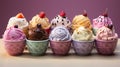 Set of bowls with various Ice Cream scoops with different flavors fresh ingredients. generative ai Royalty Free Stock Photo