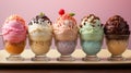 Set of bowls with various Ice Cream scoops with different flavors fresh ingredients. generative ai Royalty Free Stock Photo