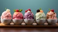Set of bowls with various Ice Cream scoops with different flavors fresh ingredients. generative ai Royalty Free Stock Photo