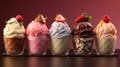 Set of bowls with various Ice Cream scoops with different flavors fresh ingredients. generative ai Royalty Free Stock Photo