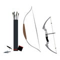 Set of bows, arrowheads and quiver of arrows. Vector illustration.