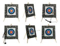 Set with bows, arrows and archery targets on white background Royalty Free Stock Photo