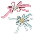 Set of bows, pink bow and blue with white flowers. Painted decorative element, hand-drawing, cartoon detail, nice
