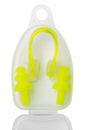 Set in box, earplugs for swimming and clamp on nose on white background Royalty Free Stock Photo