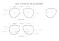 Set of Box System of Measurement of lens glasses Eye frame fashion accessory technical illustration. Sunglass style flat