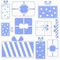 set of boxes, blue background with gifts for new year and christmas, pattern of gifts for the holidays
