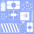 set of boxes, blue background with gifts for new year and christmas, pattern of gifts for the holidays