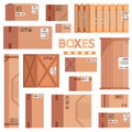 Set of boxes, cargoes and boxes for sending and carriage with markings. Vector illustration