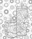 Adult coloring book,page a Christmas candles on the background with decoration ornaments for relaxing.Zentangle.