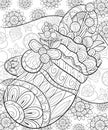 Adult coloring book,page a Christmas glove on the background with decoration ornaments for relaxing.Zentangle.