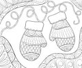 Adult coloring book,page a Christmas gloves on the background with decoration ornaments for relaxing.Zentangle.