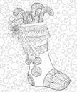 Adult coloring book,page a Christmas shoe with gifts with decoration ornaments for relaxing.Zentangle.