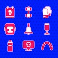 Set Boxing bell, helmet, Mouth guard boxer, Punching bag, Fitness shaker, glove and icon. Vector