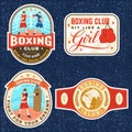 Set of Boxing club badge, logo, patch design. Vector. For Boxing sport club emblem, sign, shirt, template. Vintage retro Royalty Free Stock Photo