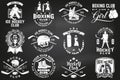 Set of Boxing club and Ice Hockey club badge, logo design on chalkboard. Vector. Sticker, patch with hockey player