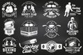 Set of Boxing club and Ice Hockey club badge, logo design on chalkboard. Vector. Sticker, patch with hockey player