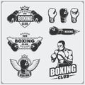 Set of boxing club labels, emblems, badges, icons and design elements. Vintage style.