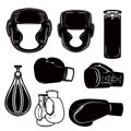 Set of boxing design elements. Boxer helmet, gloves, bags. Design element for logo, label, emblem, sign, poster.