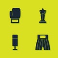 Set Boxing glove, short, Punching bag and Award cup icon. Vector Royalty Free Stock Photo
