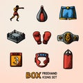Set of boxing hand drawn color icons - gloves, shorts, helmet, round card, boxer, ring, belt, punch bags. Vector