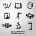 Set of boxing hand drawn icons - gloves, shorts