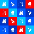 Set Boxing short, Vitamin pill, Jump rope and glove icon. Vector