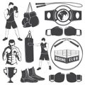 Set of boxing sports equipment and boxer silhouettes. Vector illustration. Collection include boxing jump rope, champion