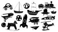 Set of Boy Toys Black Icons. Car, Ship, Ball and Ufo Saucer. Rocking Horse, Rocket, Helicopter and Airplane with Train