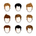 Set of boys faces, human heads. Different vector characters like redhead and brunet.